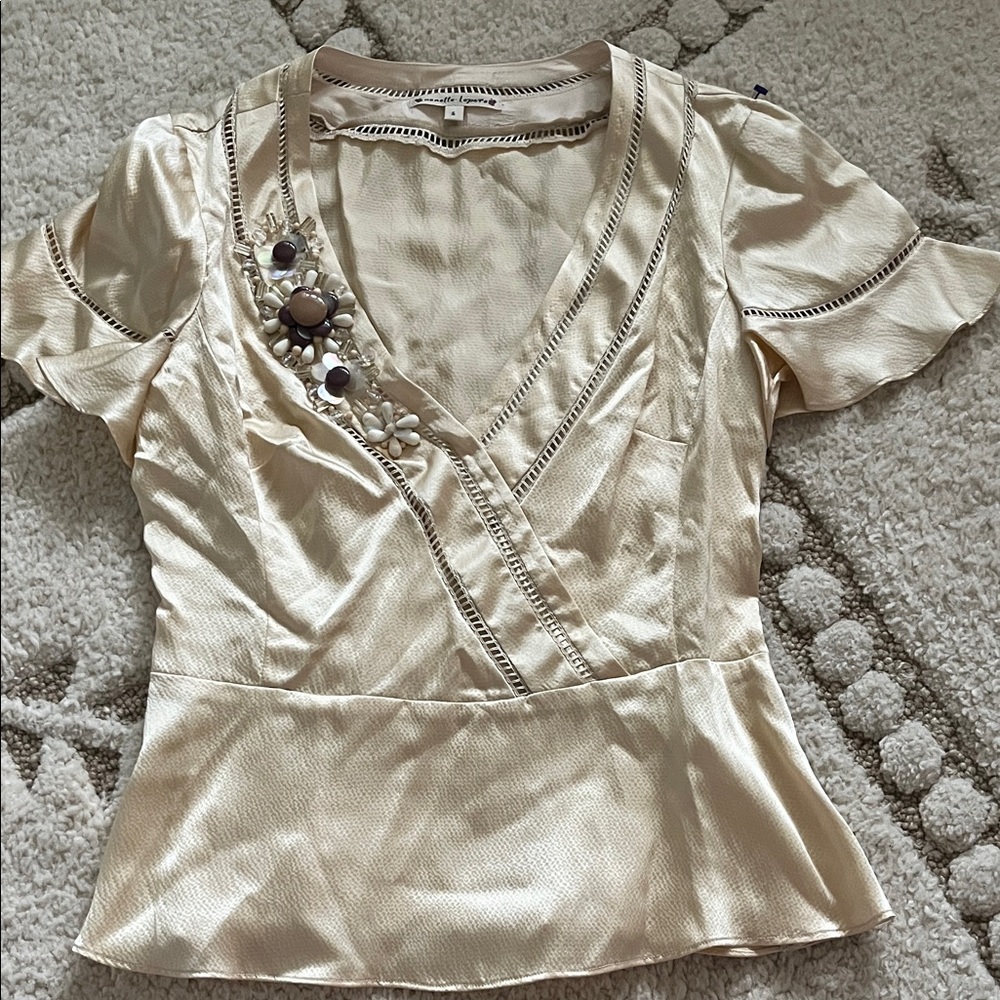 Nanette Lepore Blouse with Floral Embellishments 100% Silk